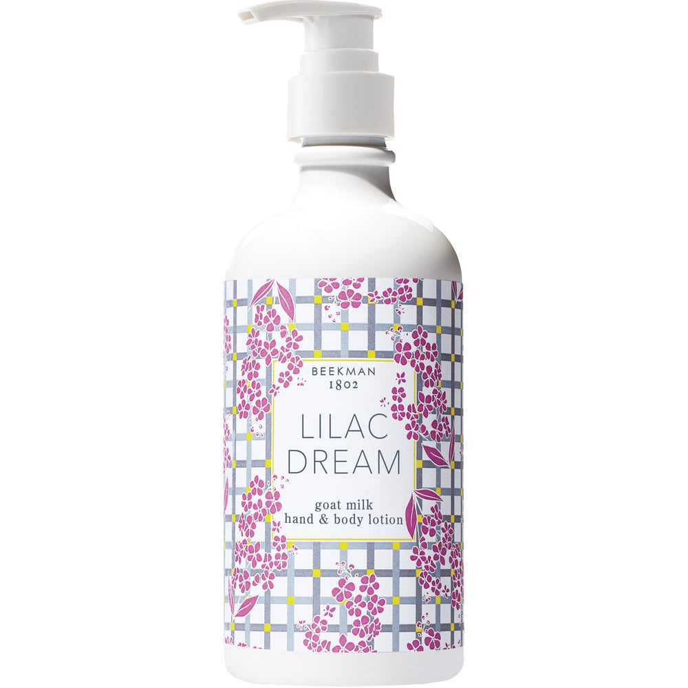 Beekman 1802 Goat Milk Body Lotion Lilac Dream bottle promotes deep hydration for dry skin.
