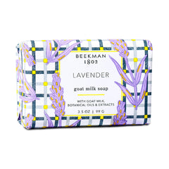 Beekman 1802 Goat Milk Lavender Bar close-up, gentle cleansing for sensitive skin.