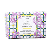 Beekman 1802 Lilac Dream goat milk soap bar front label, gentle cleansing for sensitive skin.