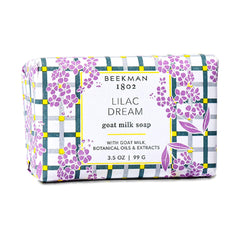 Beekman 1802 Lilac Dream goat milk soap bar front label, gentle cleansing for sensitive skin.