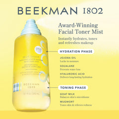 Beekman 1802 Milk Shake Face Mist spray demonstrates even, refreshing mist.