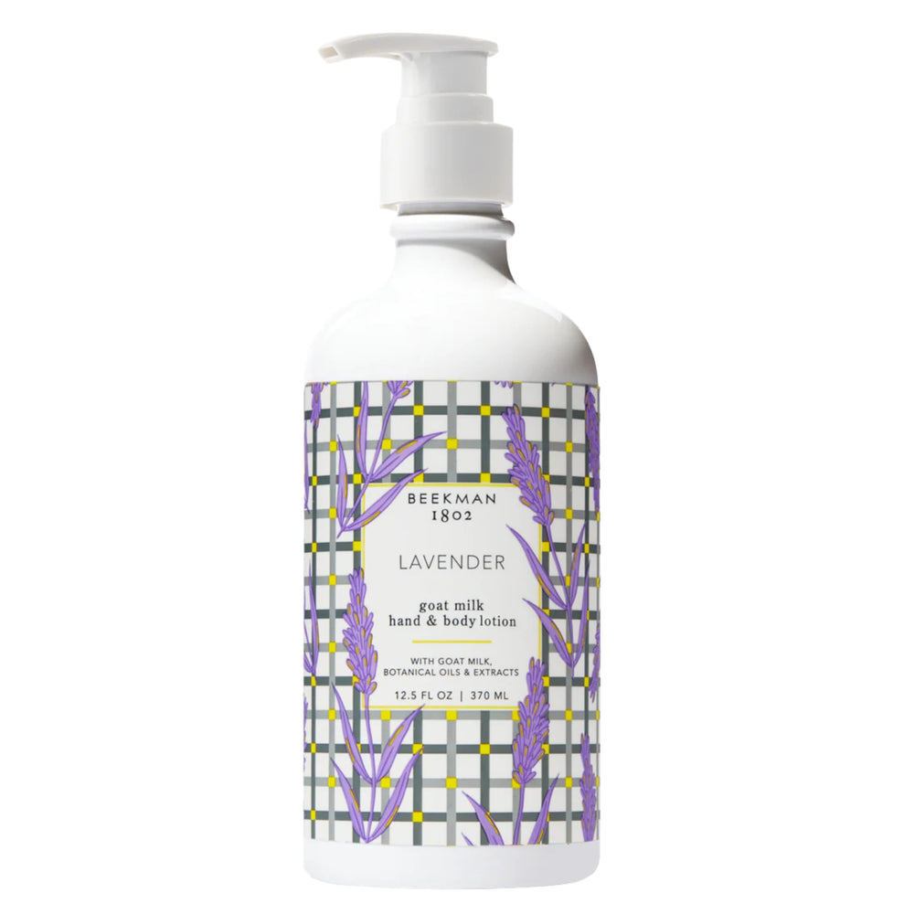 Beekman 1802 goat milk body lotion lavender bottle for moisturized skin.