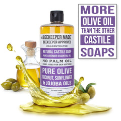 Beessential Beekeeper Made Castile Soap hands-lather with olive, coconut, and sunflower oils.