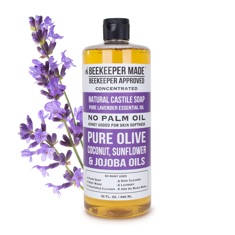 Beessential Beekeeper Made Castile Soap label close-up shows 8 ingredients and palm oil-free.