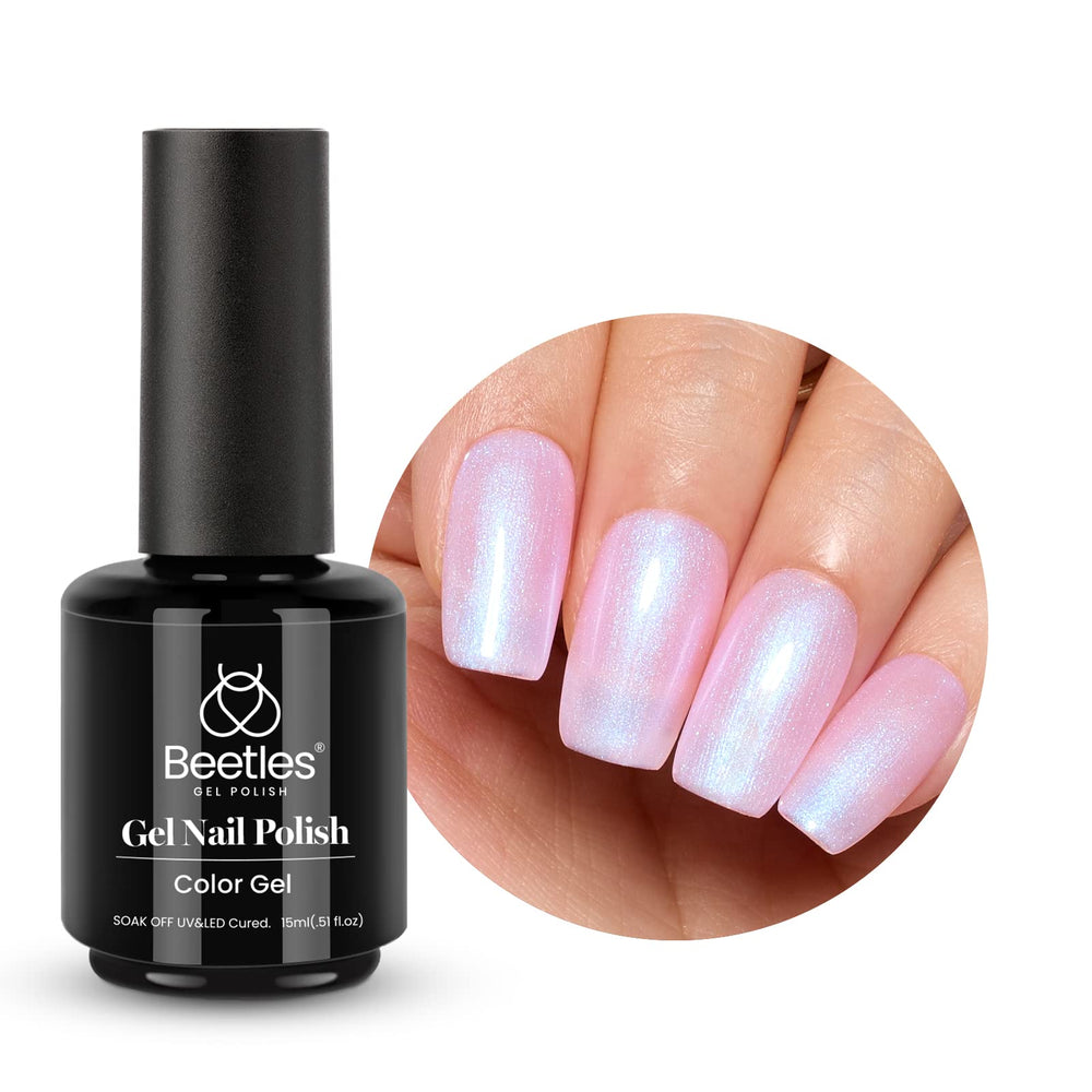 Beetles Baby Pink gel polish bottle ready for precise application with shimmer.