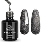 Beetles Black Gel Nail Polish 15ml bottle with glitter for reflective sparkle.