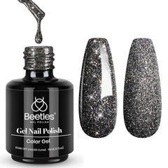 Beetles Black Gel Nail Polish 15ml bottle with glitter for reflective sparkle.
