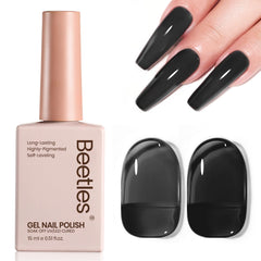 Beetles Black Jelly Polish bottle showing sheer black shade and bottle design