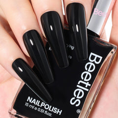 Beetles Black Nail Polish Quick Dry bottle delivers a glossy, fast-drying finish for at-home manicures.