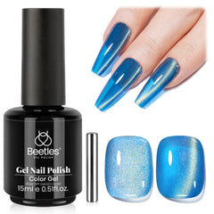 Beetles Blue Cat Eye Gel Polish bottle shows vivid blue shimmer for at-home manicures.
