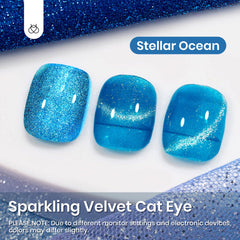 Beetles Blue Cat Eye glitter finish captured under light for vibrant nails.
