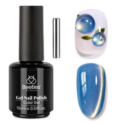 Beetles Blue Cat Eye Polish bottle front showing frosted sapphire glow and shimmer.