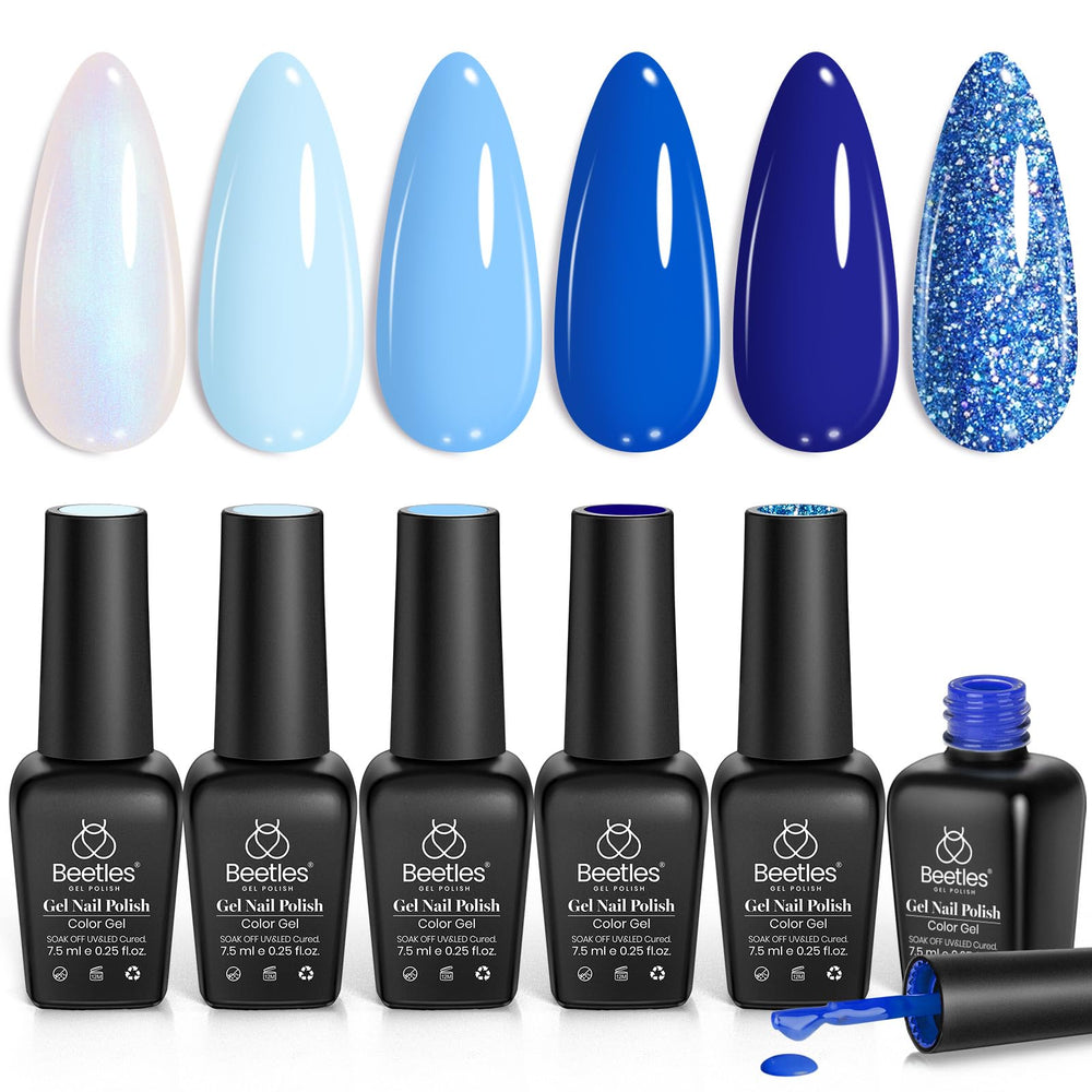 Beetles Aquarius Holy Water B366 swatch shows glittery baby blue finish for winter nails.