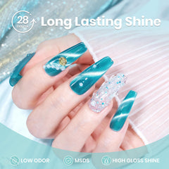 Beetles Blue gel nail swatch shows translucent, buildable color under magnet