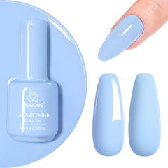 Beetles Blue Gel Polish bottle shows pastel shade for chic nails.