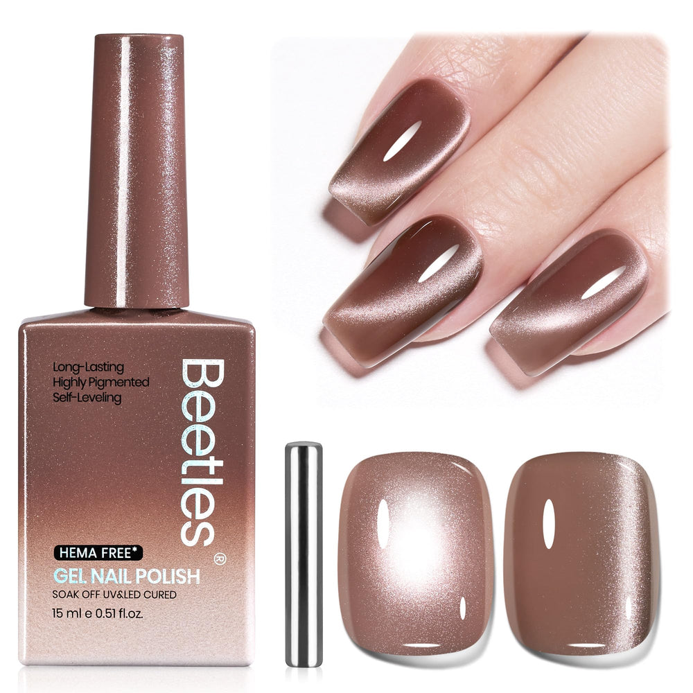 Beetles Amber Hour bottle closeup showing warm brown cat eye shade for fall