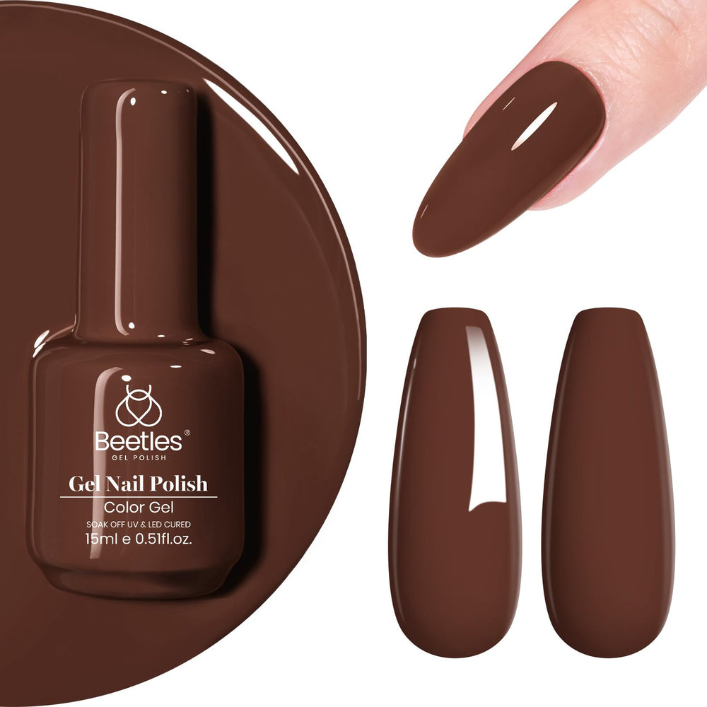 Beetles Brown Gel Nail Polish bottle shows rich chocolate coffee shade with lasting shine.