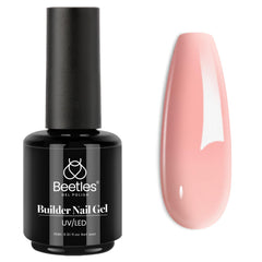 Beetles Builder Gel 15ml bottle closeup showing translucent pink nude formula for easy nail building.