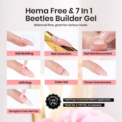 Beetles Builder Gel 7in1 application swatch demonstrates quick shaping and strong hold.