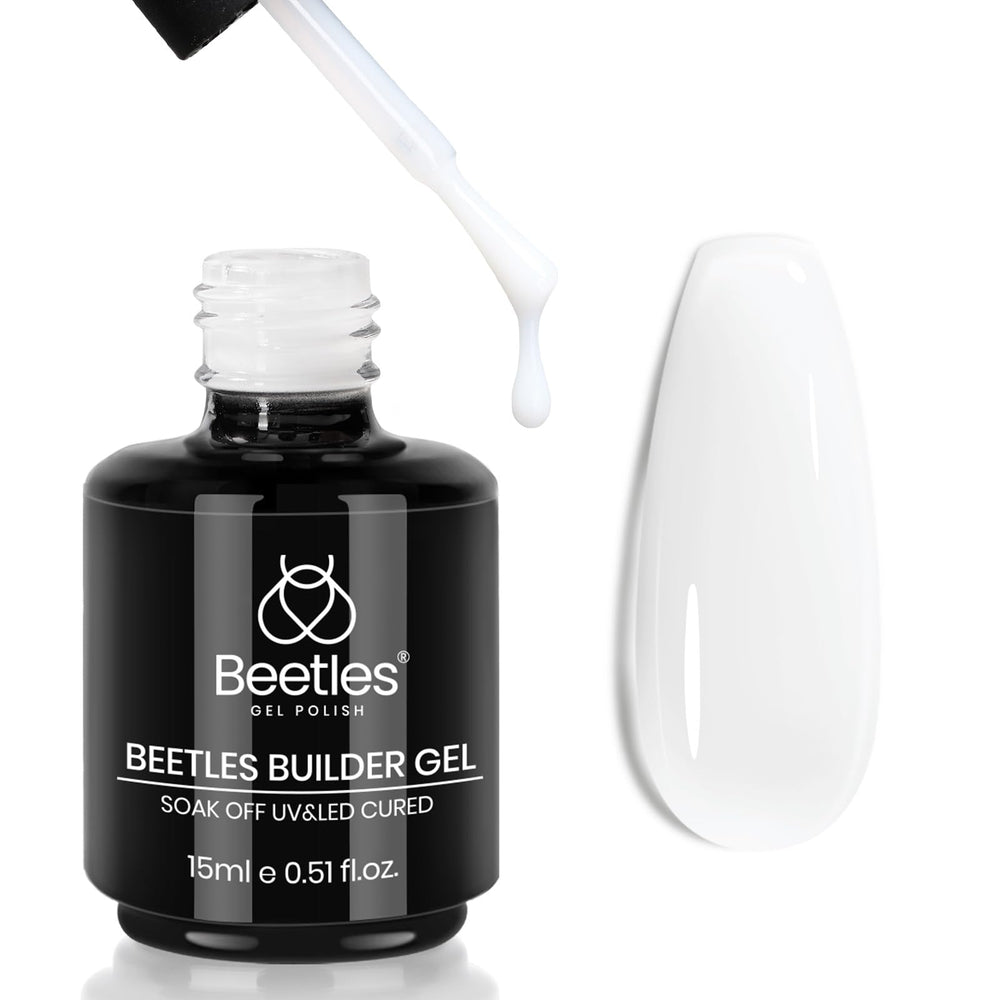 Beetles Builder Gel bottle in milky white for durable nail extensions.