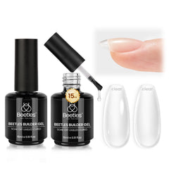 Beetles Builder Gel Set bottles close-up for at-home clear nail extensions.