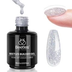 Beetles Builder Gel silver glitter bottle for nail extensions and sparkle.