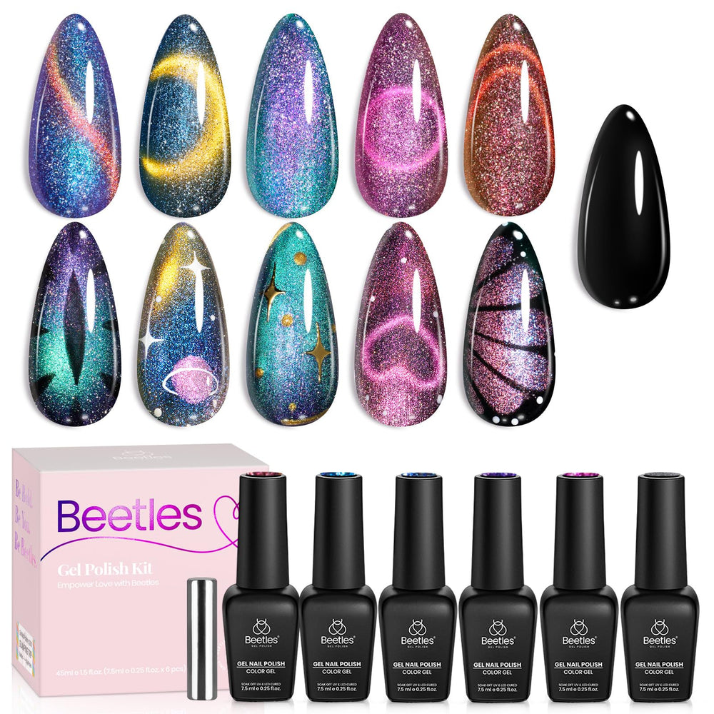 Beetles Cat Eye Gel Nail Polish Set shows six color shifting swatches for a dynamic manicure