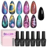 Beetles Cat Eye Gel Nail Polish Set shows six color shifting swatches for a dynamic manicure