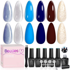 Beetles Cat Eye Gel Polish set shows blue brown pearl shades for chic nails.