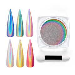 Beetles Chrome Nail Powder jar closeup with aurora iridescent finish.