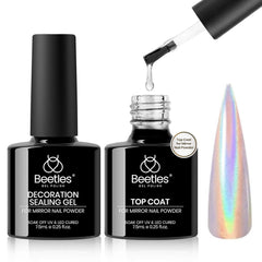Beetles Chrome Top Coat bottle closeup shows translucent shine and lasting protection.