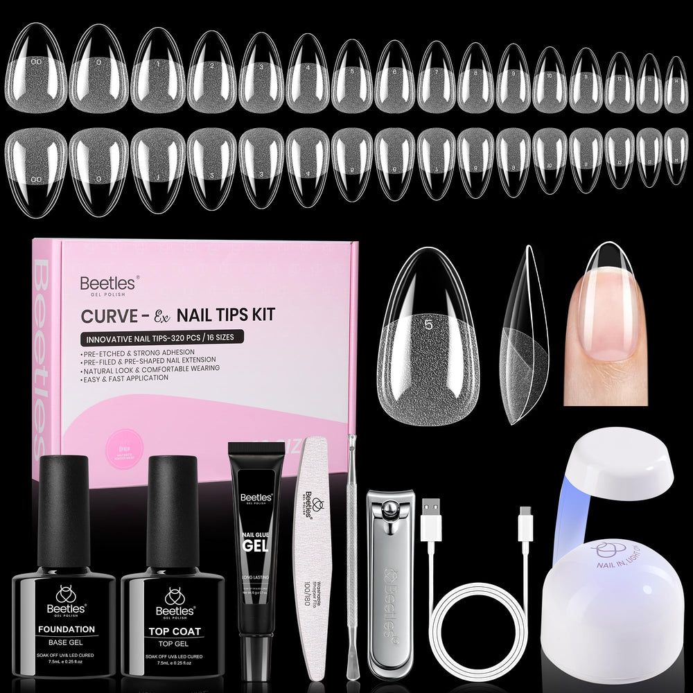 Beetles Curve-EX almond nail tips for secure curved-nail extensions.