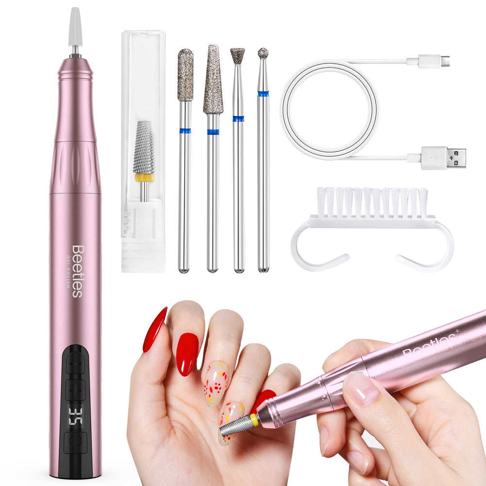 Beetles electric nail drill cordless, rose gold finish, ideal for at-home manicures.