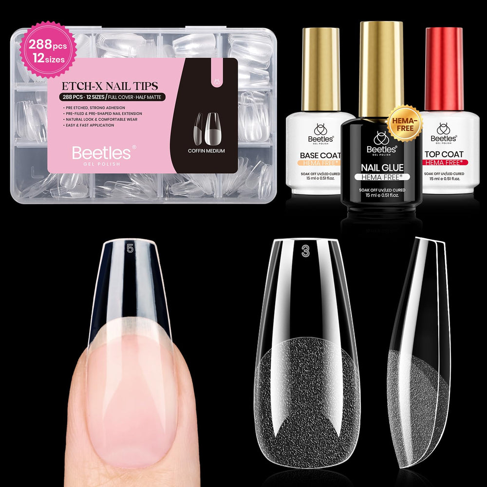 Beetles Gel Nail Kit Etch-X coffin tips in a 288-piece set for precise, natural-looking extensions