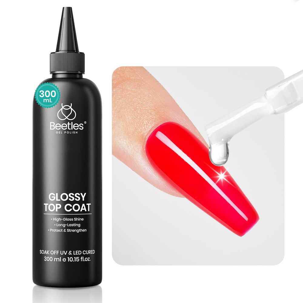 Beetles extra-glossy top coat 300ml bulk refill delivers a high-gloss finish for gel nails.