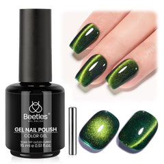 Beetles Forest Flame Gel Polish bottle showing green cat eye shimmer for elegant nails.