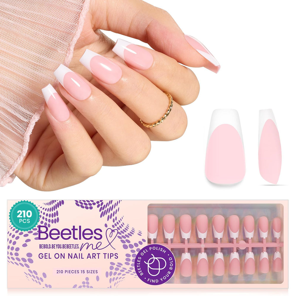 Beetles French Tip press-on nails in pink short coffin shape for fast salon-style manicure