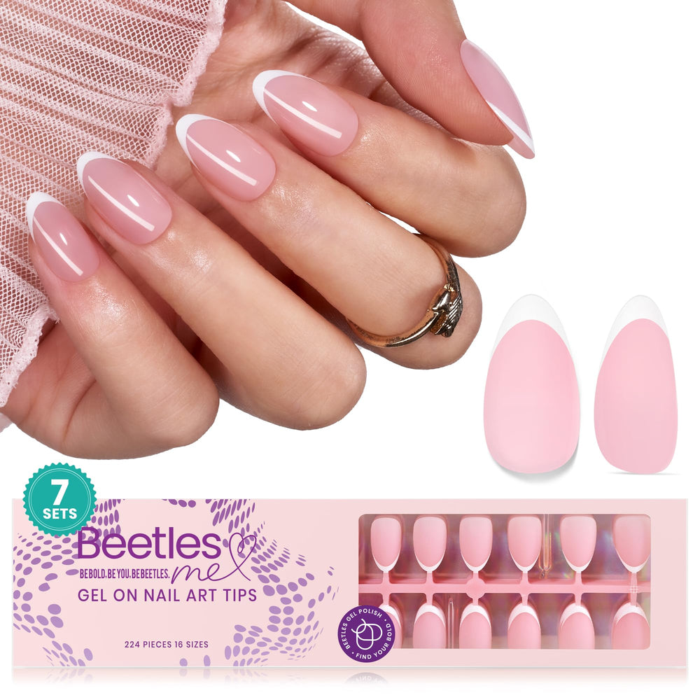 Beetles French Tips press-on nails pink set for quick at-home manicure.