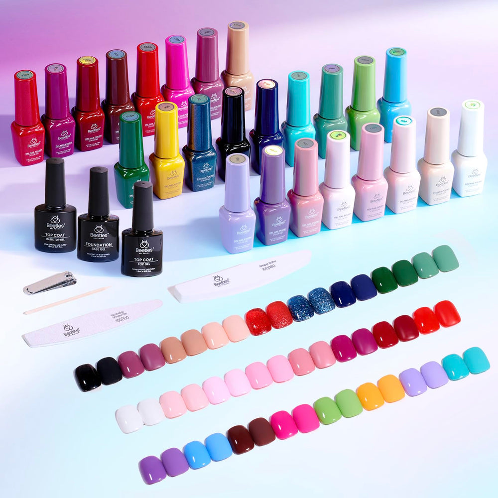 Beetles gel nail polish set with 25 colors displayed for easy color selection.