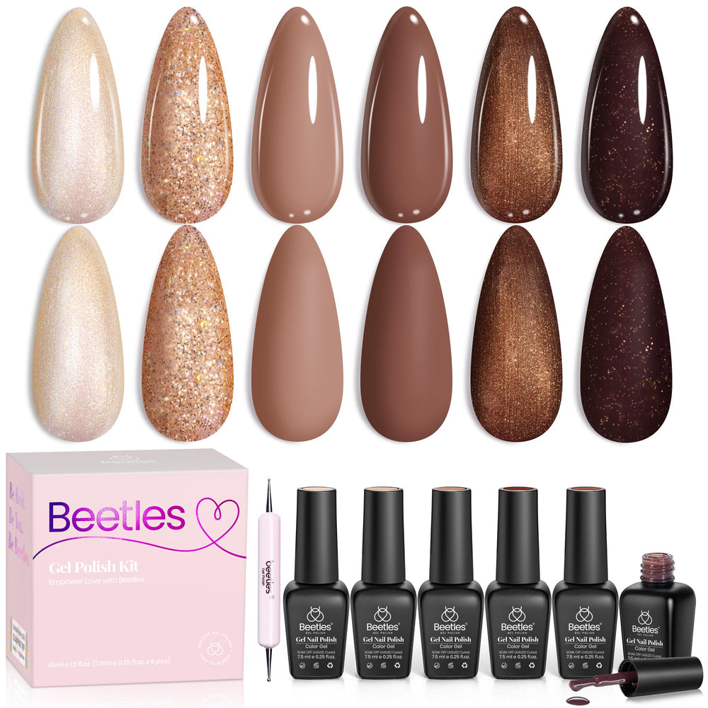 Beetles Gel Nail Polish Set Brownie Bliss collection swatches show warm brown tones for versatile nails.