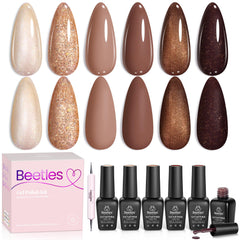 Beetles Gel Nail Polish Set Brownie Bliss collection swatches show warm brown tones for versatile nails.