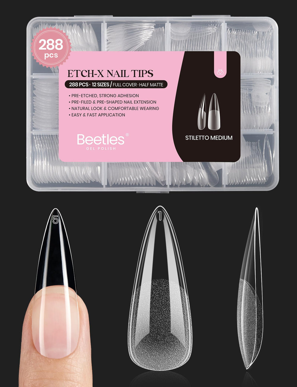 Beetles Gel Nail Tips Etch-X stiletto medium 288pcs ready for precise fitting