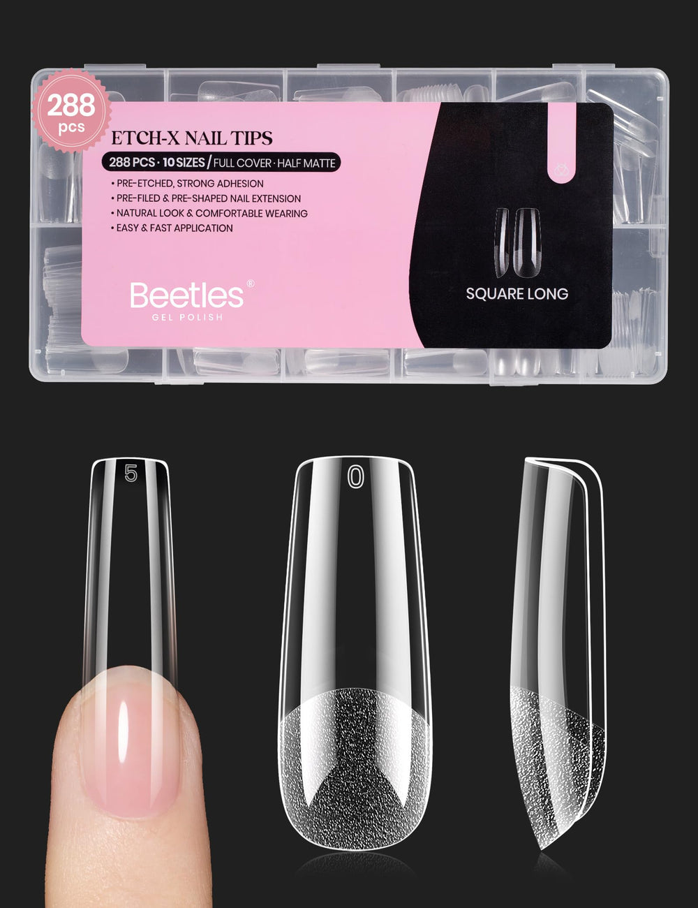 Beetles Gel Nail Tips Long Square, durable extensions for DIY nails.