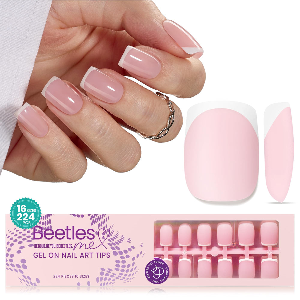 Beetles Gel Polish French tip press-on nails in pink short square, a quick salon-style manicure at home.