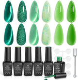 Beetles Gel Polish Enchanted Forest packshot with six green jelly shades for nails