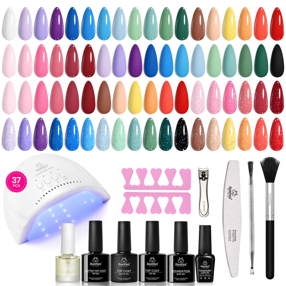 Beets Gel Polish Kit: 25 color bottles showcased for vibrant home manicure possibilities.