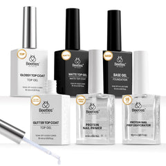 Beetles gel polish kit shows glossy top coat and base coat for lasting shine