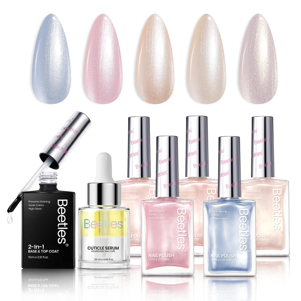 Beetles Gel Polish Set 7Pcs with nude pink, frosted blue, and beige tones for versatile looks.