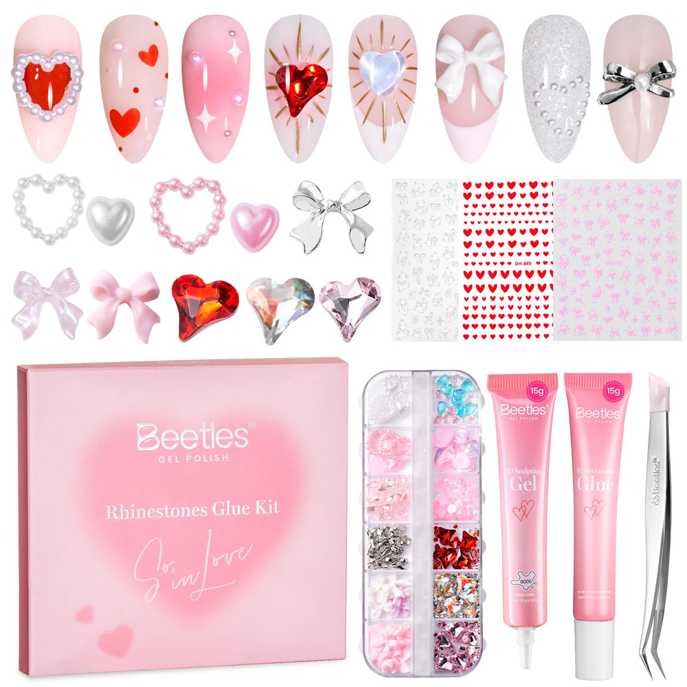 Beetles Gel Polish Valentine’s heart art with charms for romantic nails.