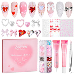 Beetles Gel Polish Valentine’s heart art with charms for romantic nails.